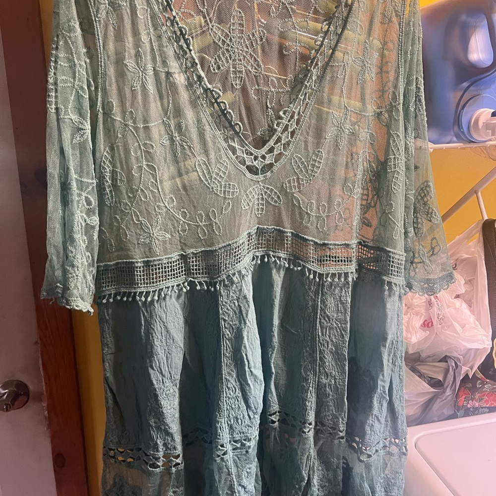 Sheer Embroidered Boho Tunic Dress in Seafoam Green one size